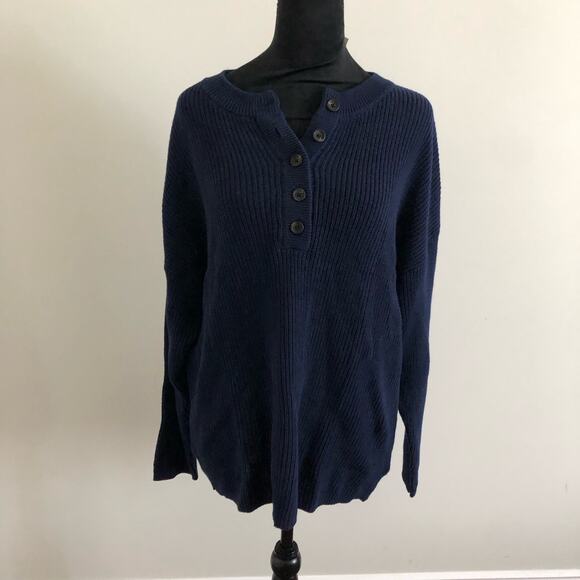 Aerie Women's Button-Up Henley Knit Sweater Medium Navy Blue 100% Cotton NWT - Picture 3 of 8